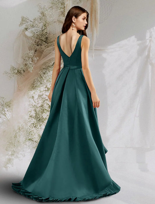 Prom Dresses Sleeveless V Neck  Satin with Ruffles Pocket