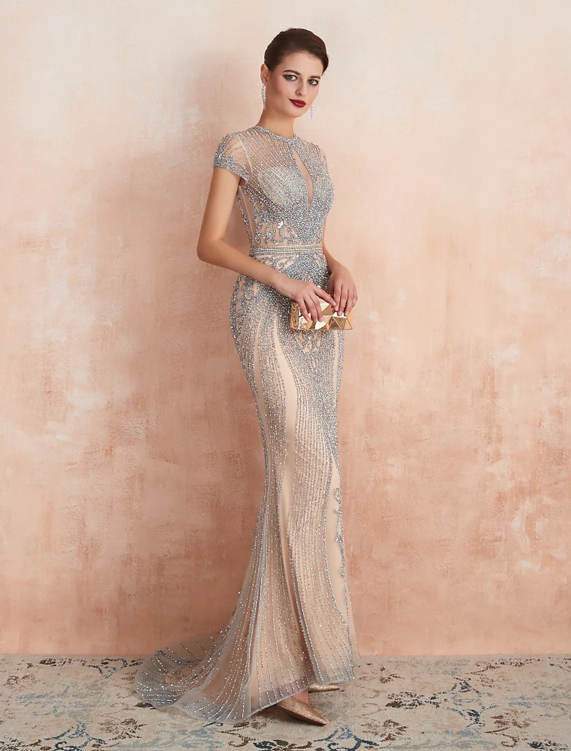 Evening Gown Luxurious Dress Engagement Short Sleeve Jewel Neck Tulle with Beading