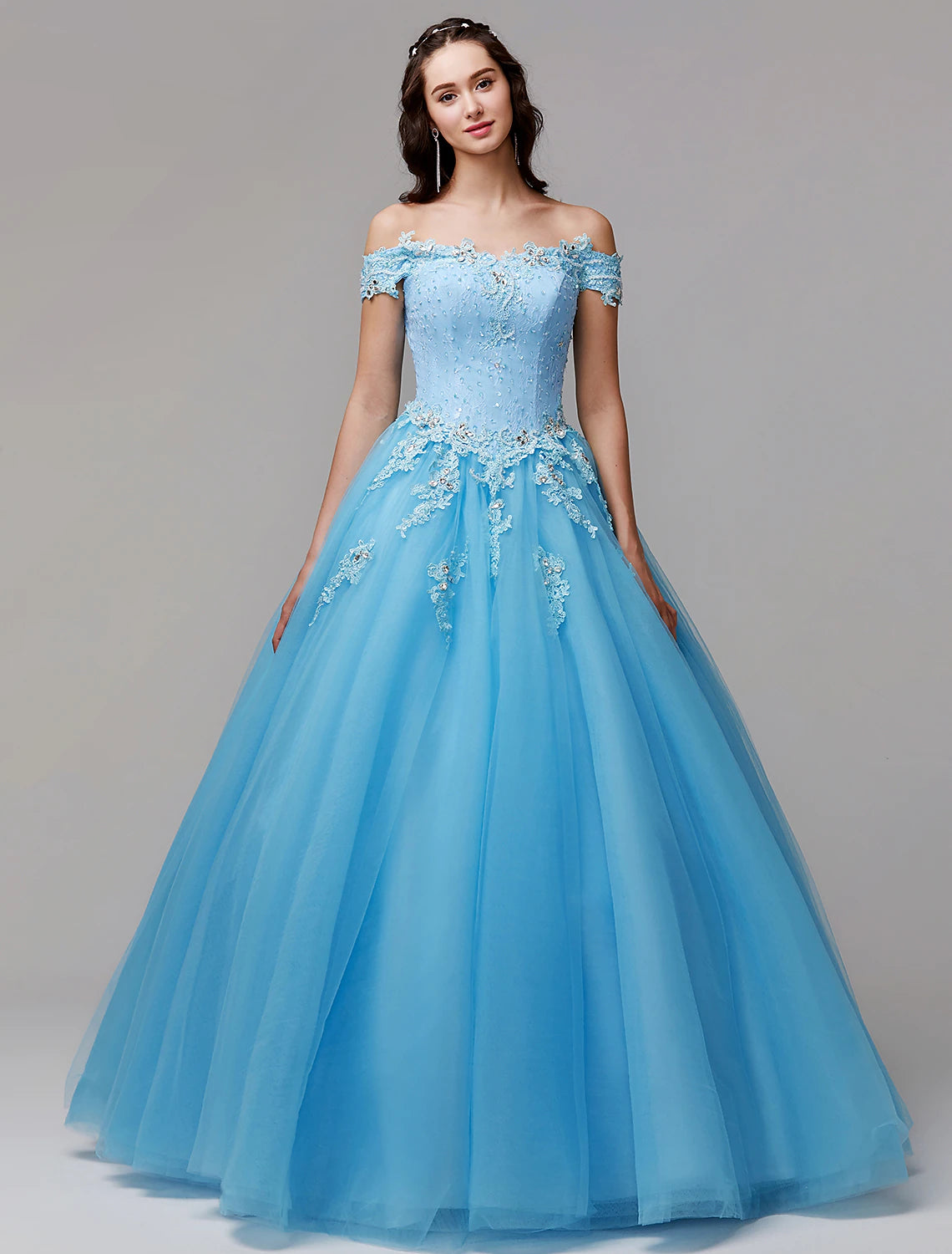 Vintage Dress Evening Floor Length Sleeveless Off Shoulder Lace Appliques