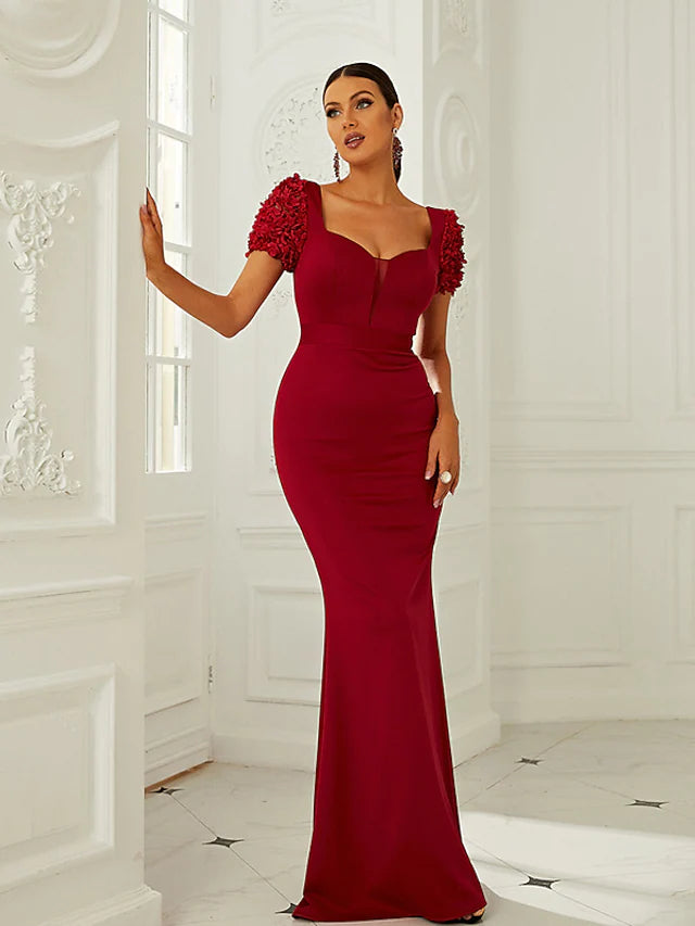 Evening Gown Dress Formal Floor Length Short Sleeve Square Neck Polyester