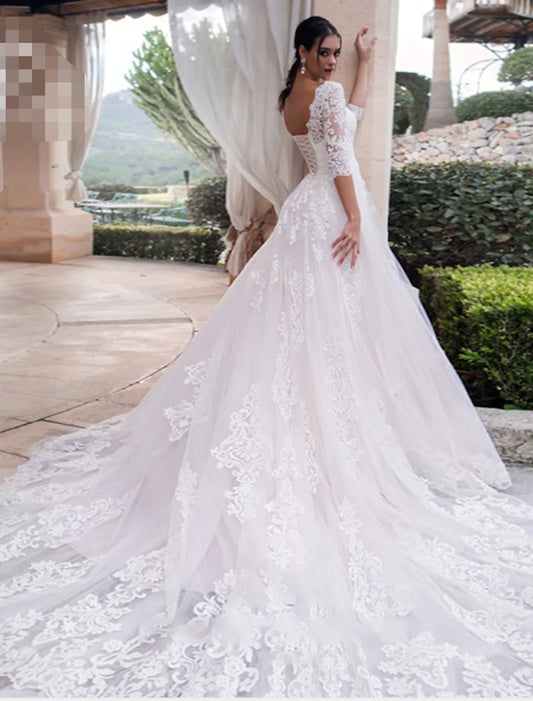Engagement Open Back Formal Wedding Dresses A-Line Length Sleeve Off Shoulder Lace With