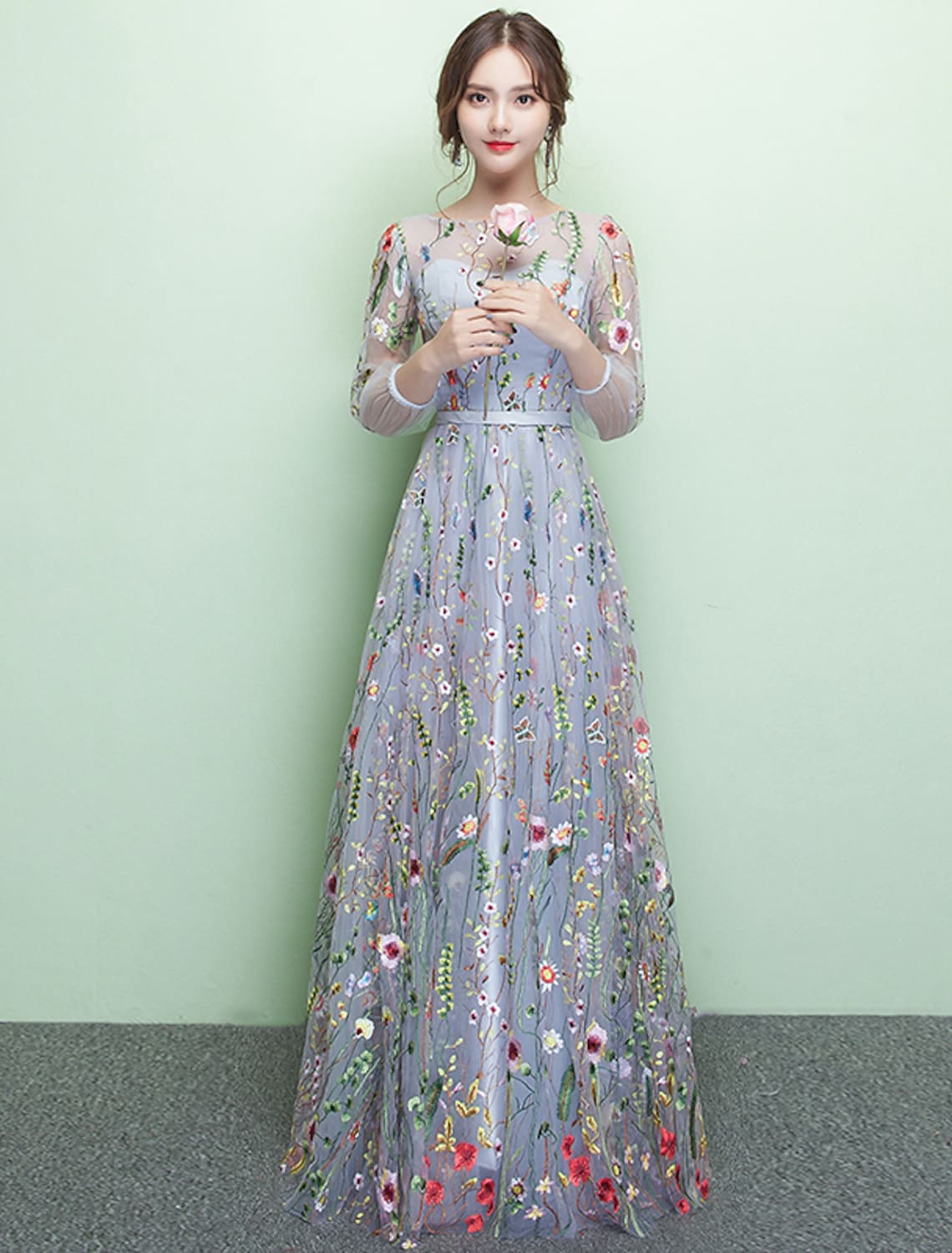 A-Line Elegant Formal Evening Dress Length Sleeve Floor Length Lace with Embroidery