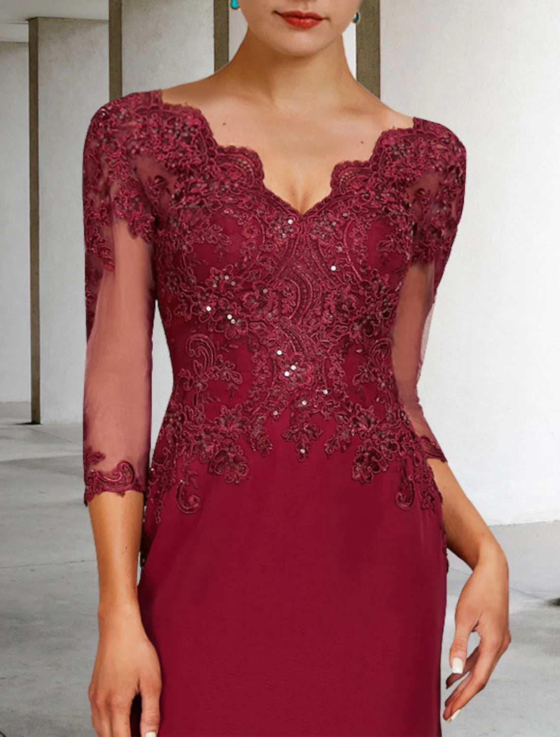 Mother of the Bride Dress Luxurious Elegant V Neck Lace Stretch Chiffon Length Sleeve with Sequin Appliques