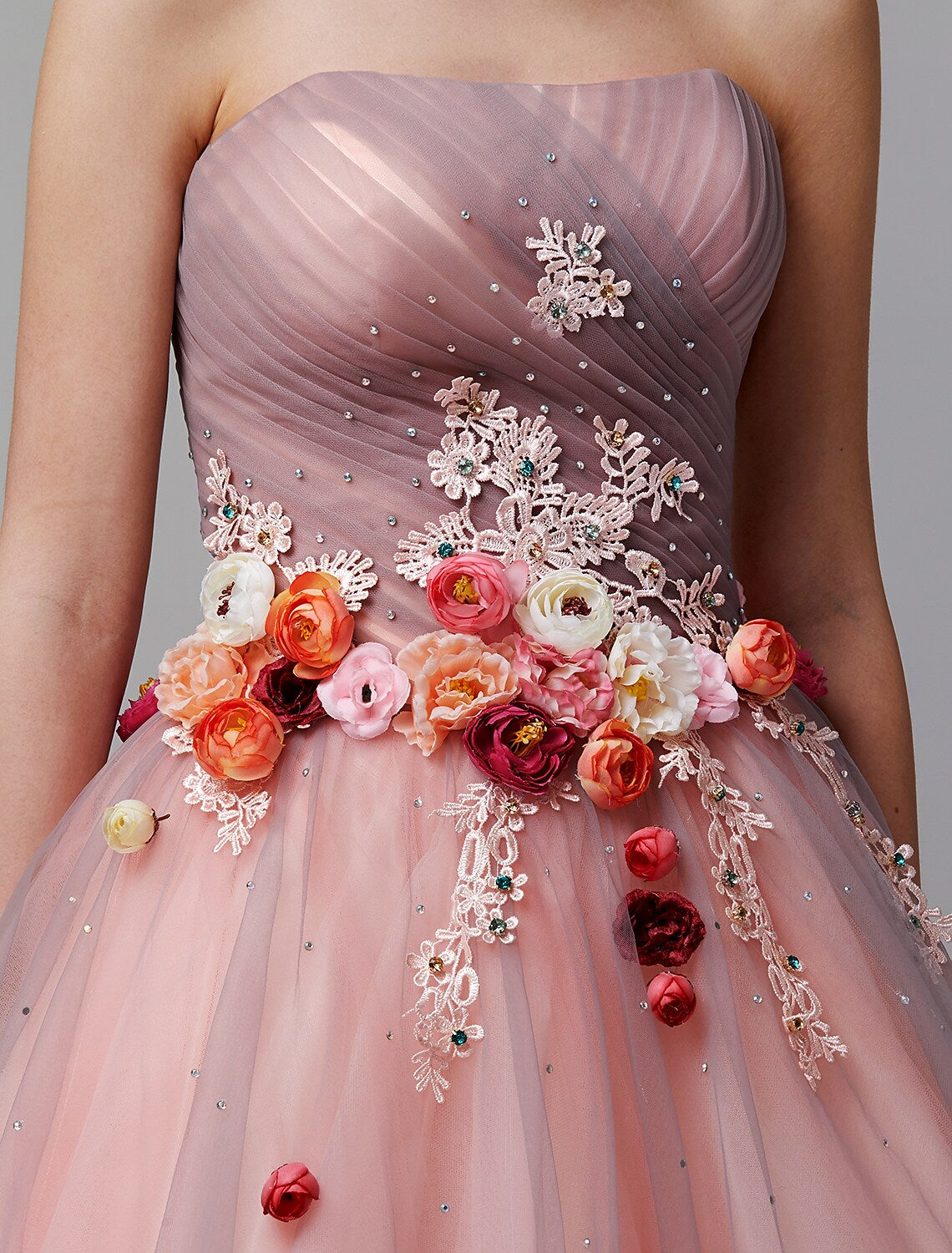 Ball Gown Evening Dress Strapless Sleeveless Floor Length Tulle Pleats Flower