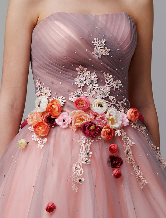 Ball Gown Evening Dress Strapless Sleeveless Floor Length Tulle Pleats Flower