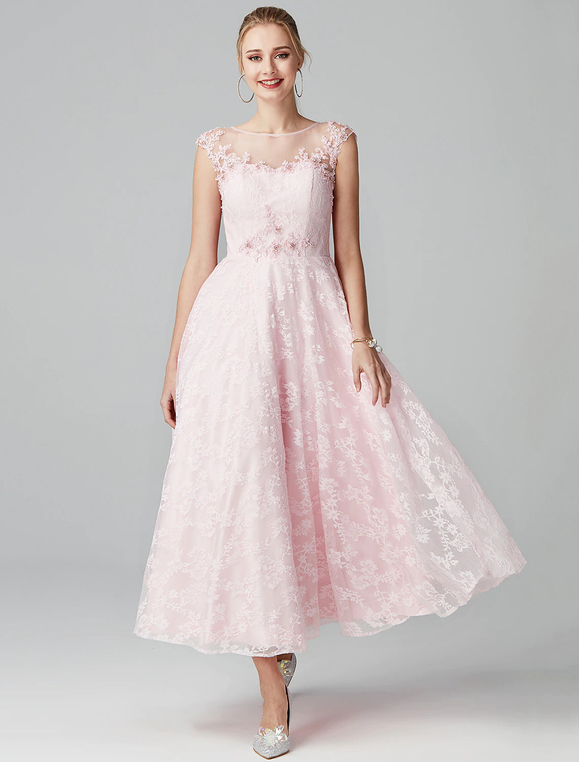 A-Line Prom Dresses Evening Party Ankle Length Short Sleeve Lace Zipper Applique