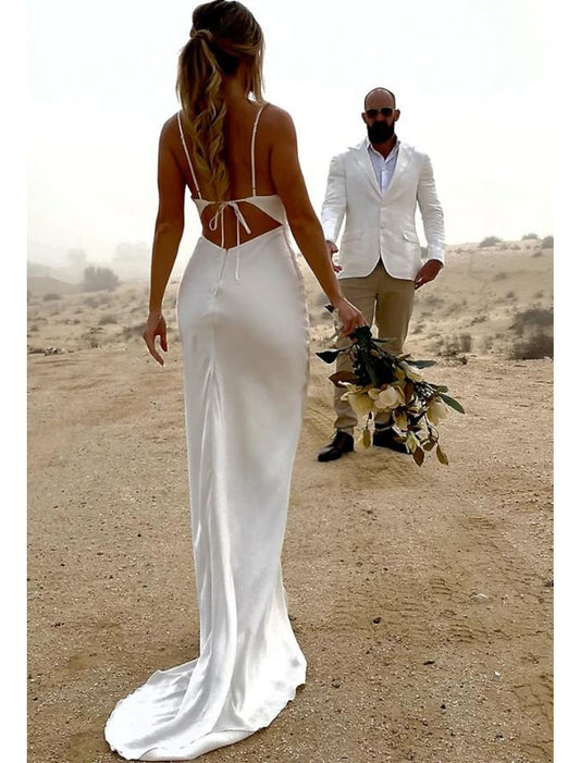Open Back Casual Wedding Dresses Sleeveless Square Neck Strap Charmeuse Ruched