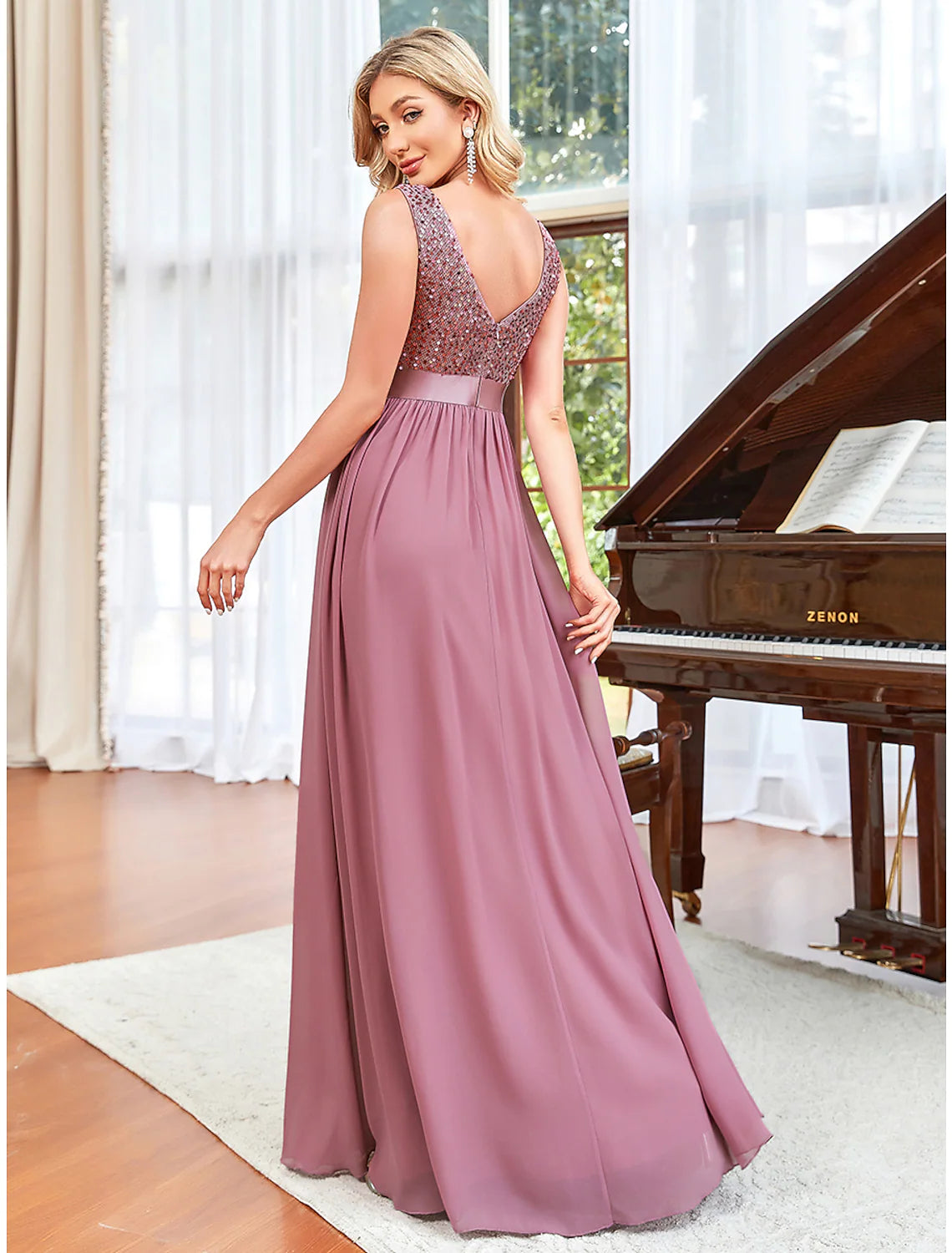 A-Line Prom Dresses Elegant Dress Wedding Guest Floor Length Sleeveless V Neck Chiffon V Back Draping