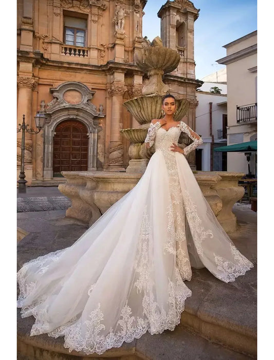 Engagement Open Back Formal Wedding Dresses Two Piece Long Sleeve Lace Appliques