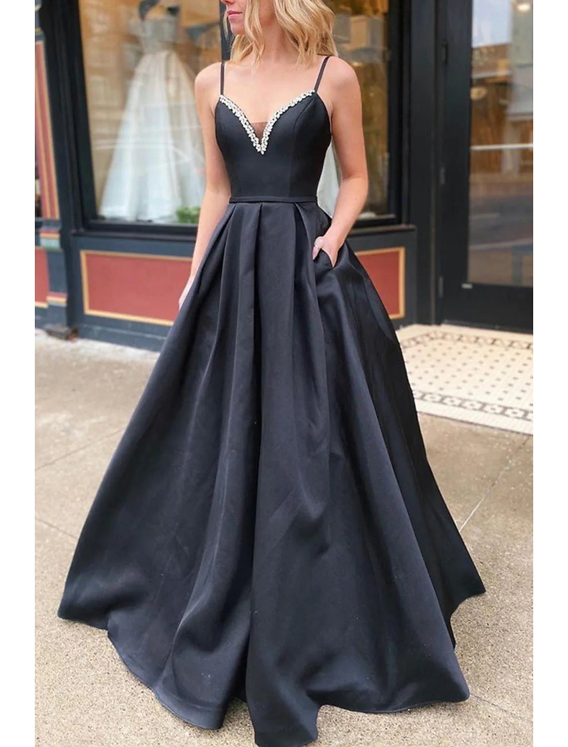 A-Line Prom Dresses Open Back Dress Formal Floor Length Sleeveless V Neck Pocket Stretch Satin Backless with Pleats Beading Pocket