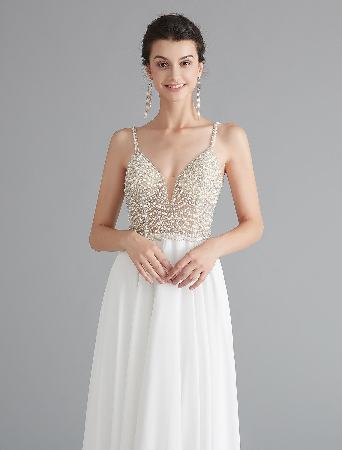 A-Line Evening Gown Dress Engagement Floor Length Sleeveless V Neck Chiffon V Back with Beading