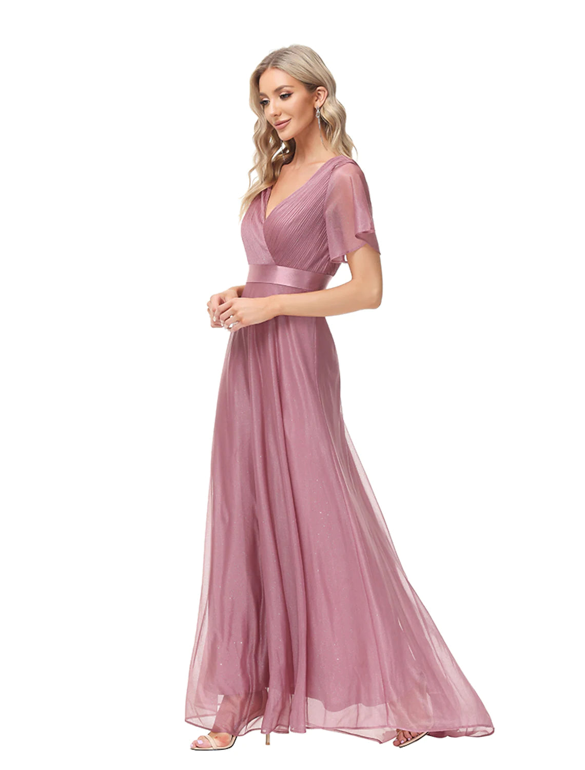 A-Line Evening Gown Dress Wedding Floor Length Short Sleeve V Neck Tulle with Ruched Ruffles