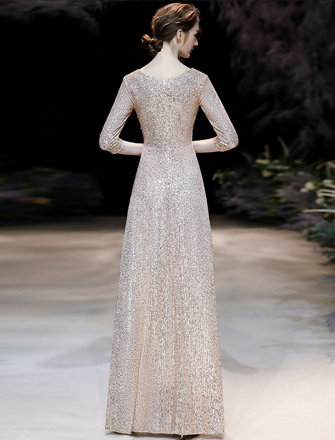 A-Line Prom Dresses Sparkle Dress Engagement Floor Length Sleeve V Neck Sequined with Pleats