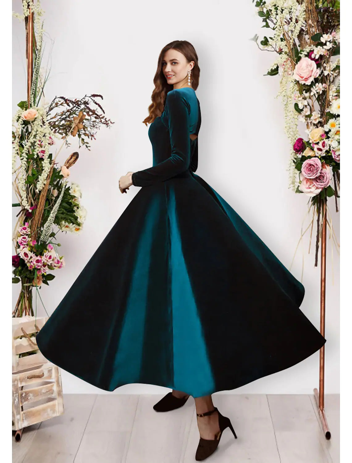 Ball Gown Evening Gown Vintage Dress Prom Ankle Length Long Sleeve Square Neck Velvet with