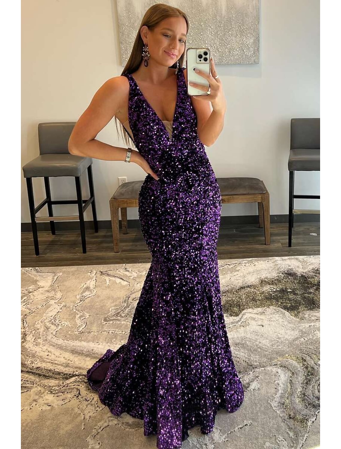 Prom Dresses Dress Formal Sleeveless V Neck Sequined Backless with Sequin