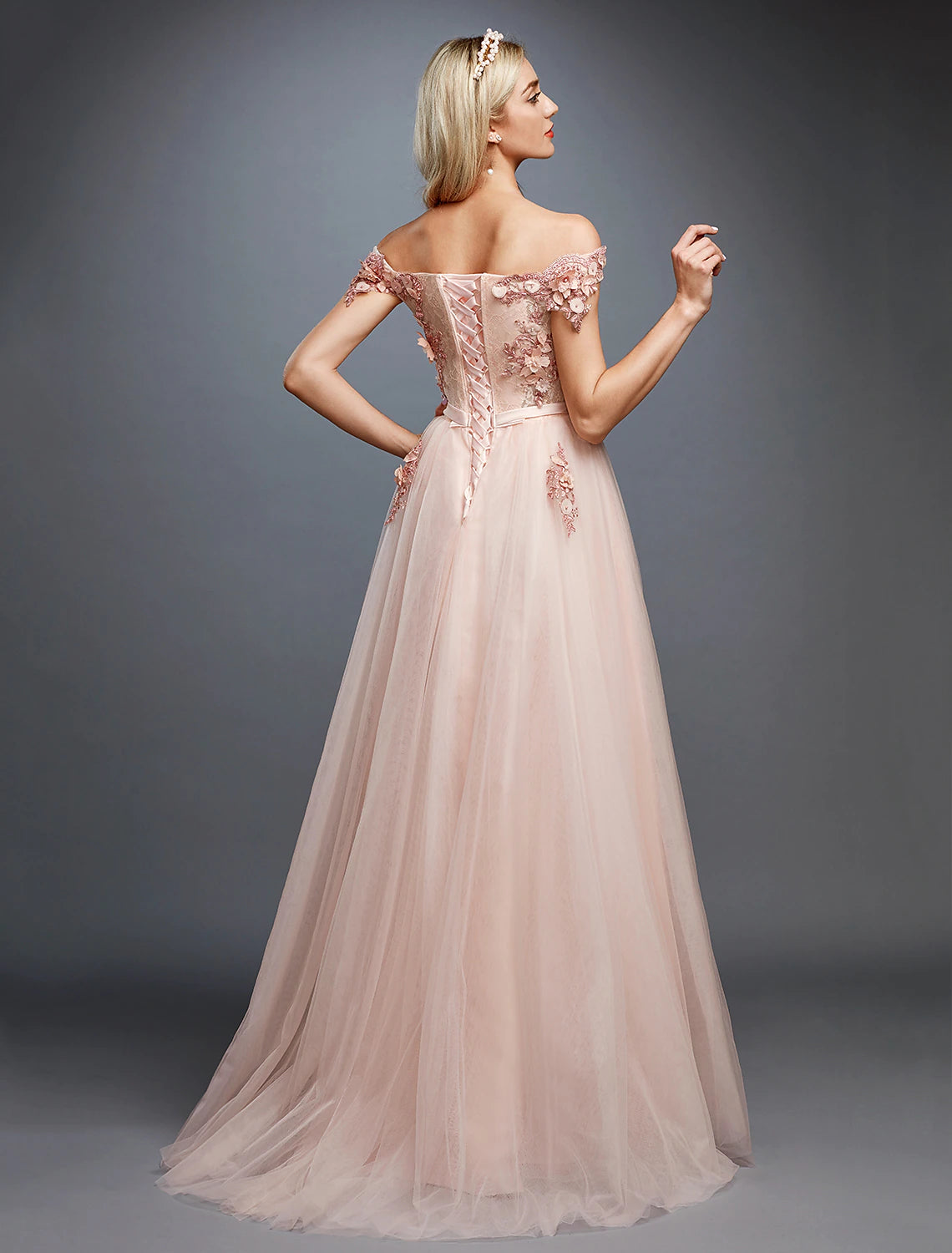 A-Line Floral Dress Wedding Sleeveless Off Shoulder Tulle Over Lace with Appliques