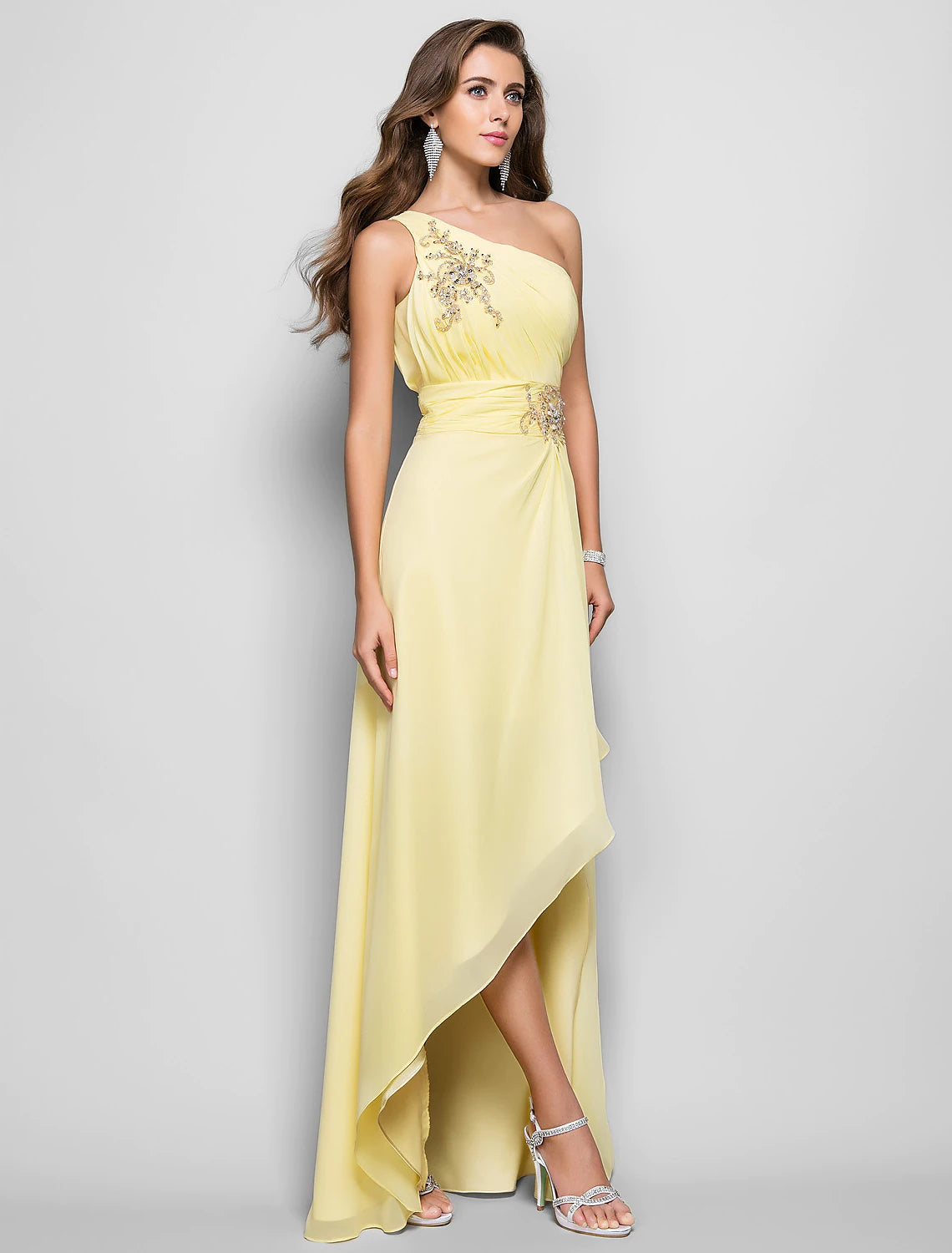 Elegant Dress Wedding Guest Asymmetrical Sleeveless One Shoulder Chiffon with Beading Slit Appliques