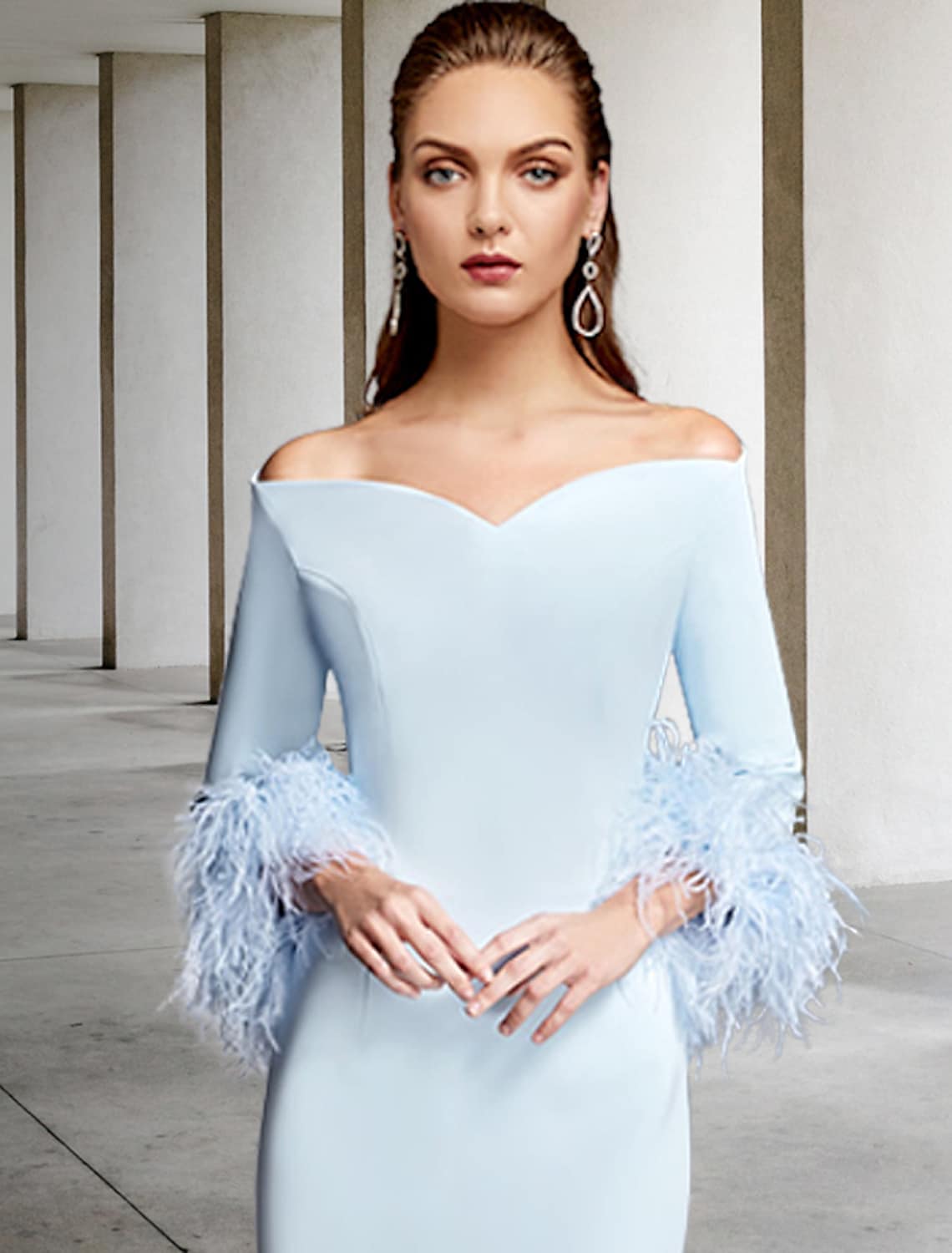 Mother of the Bride Dress Vintage Elegant Off Shoulder V Neck Knee Length Stretch Chiffon Length Sleeve with Feather