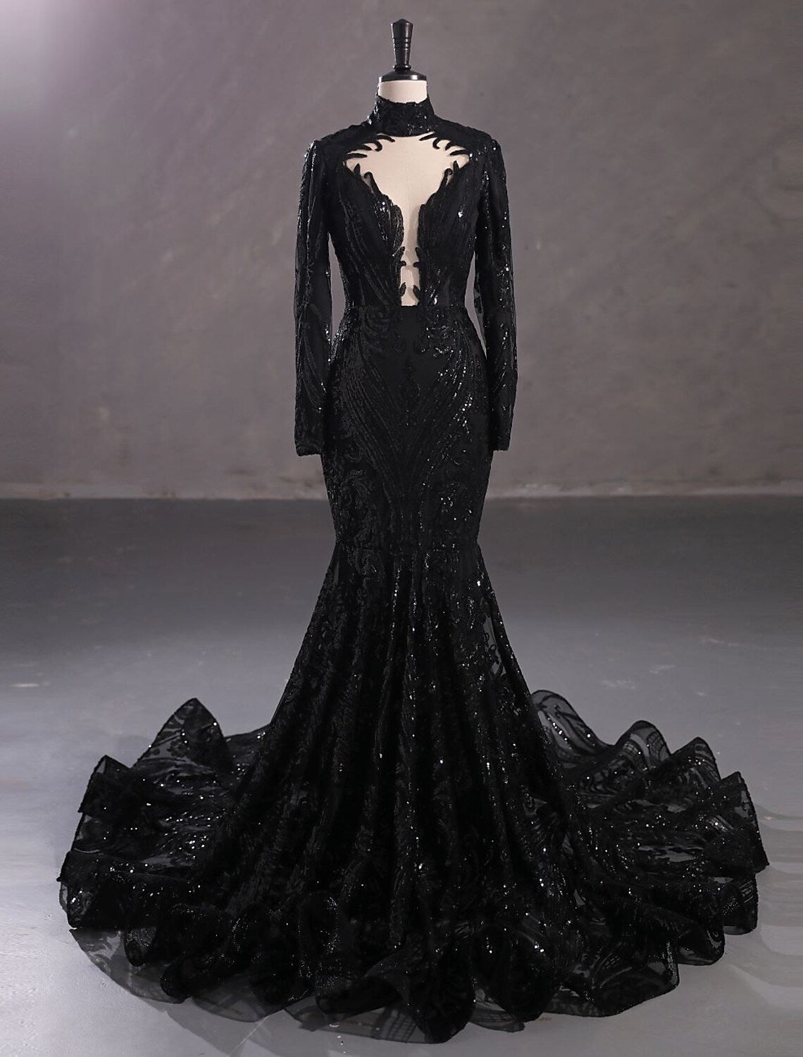 Evening Gown Elegant Dress Engagement Long Sleeve Stand Collar Lace with Sequin