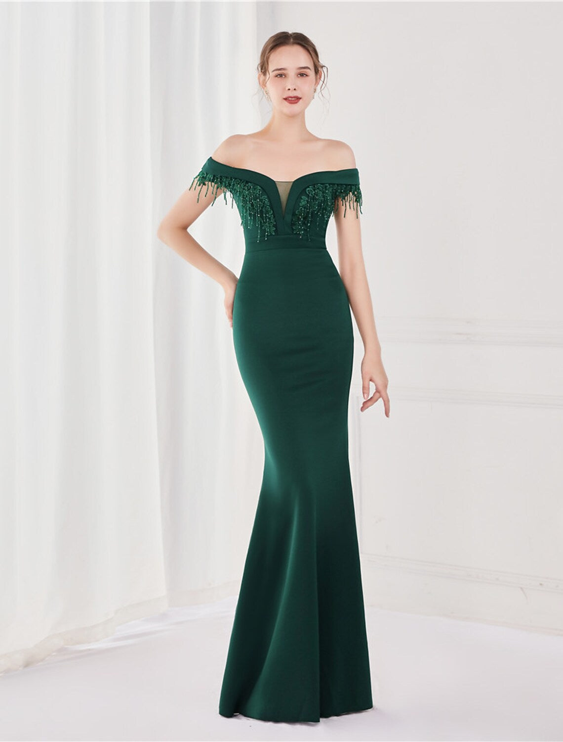 Elegant Sexy Wedding Formal Evening Dress Off Shoulder V Back Short Sleeve Floor Length Satin with Tassel