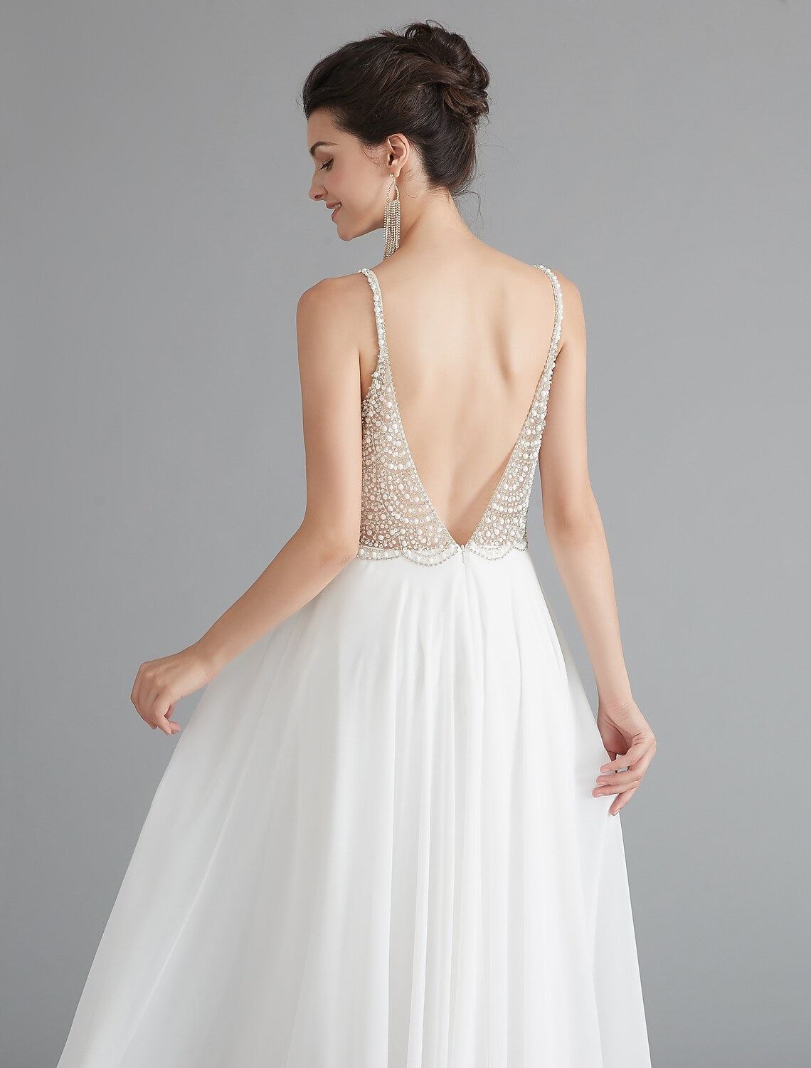 A-Line Evening Gown Dress Engagement Floor Length Sleeveless V Neck Chiffon V Back with Beading