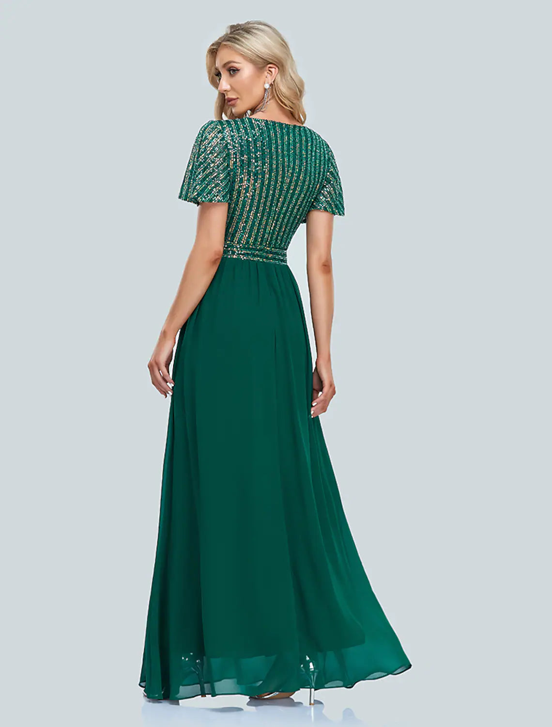 A-Line  Evening Gown Elegant Dress Floor Length Short Sleeve V Neck Sequined