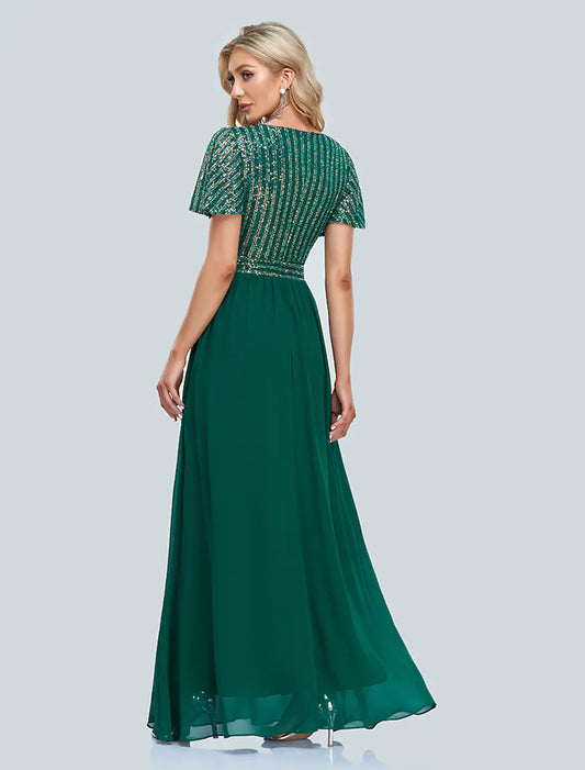 A-Line  Evening Gown Elegant Dress Floor Length Short Sleeve V Neck Sequined