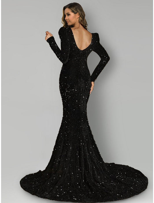 Evening Gown Black Dress Formal Court Train Long Sleeve Square Neck Sequined