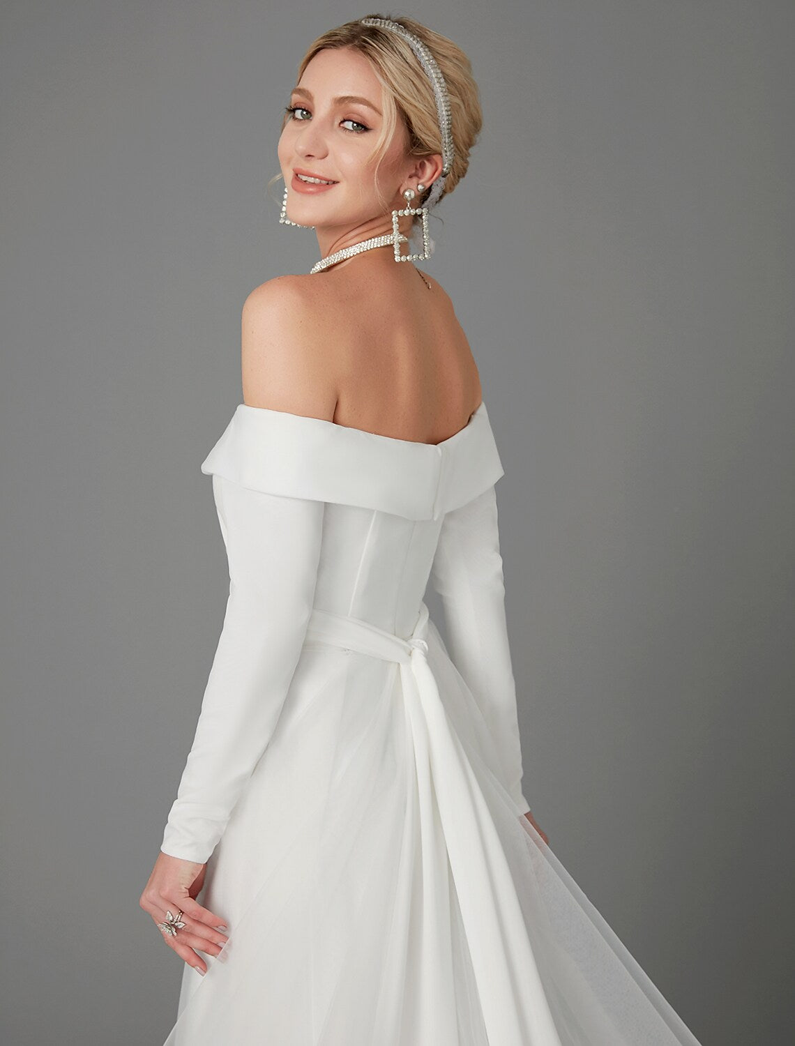 Engagement Formal Wedding Dresses A-Line Long Sleeve Off Shoulder Chiffon With