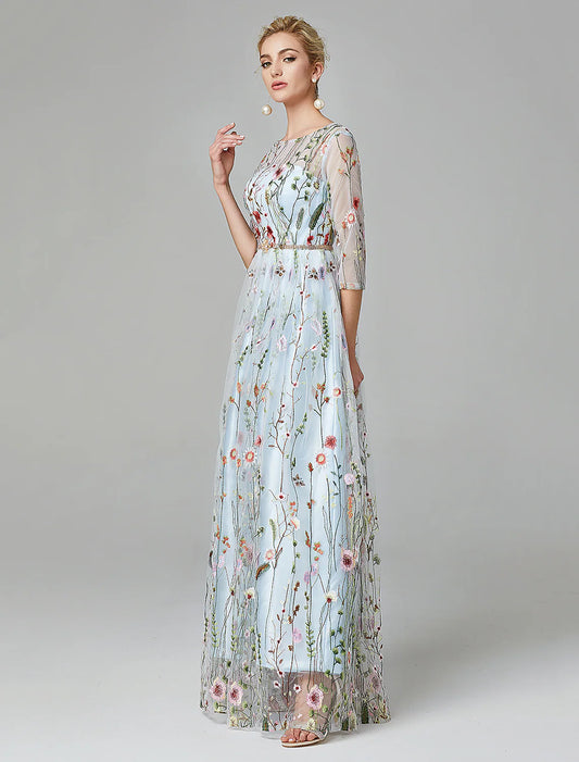 A-Line Evening Gown Elegant Dress Floor Length Sleeve Lace with Embroidery