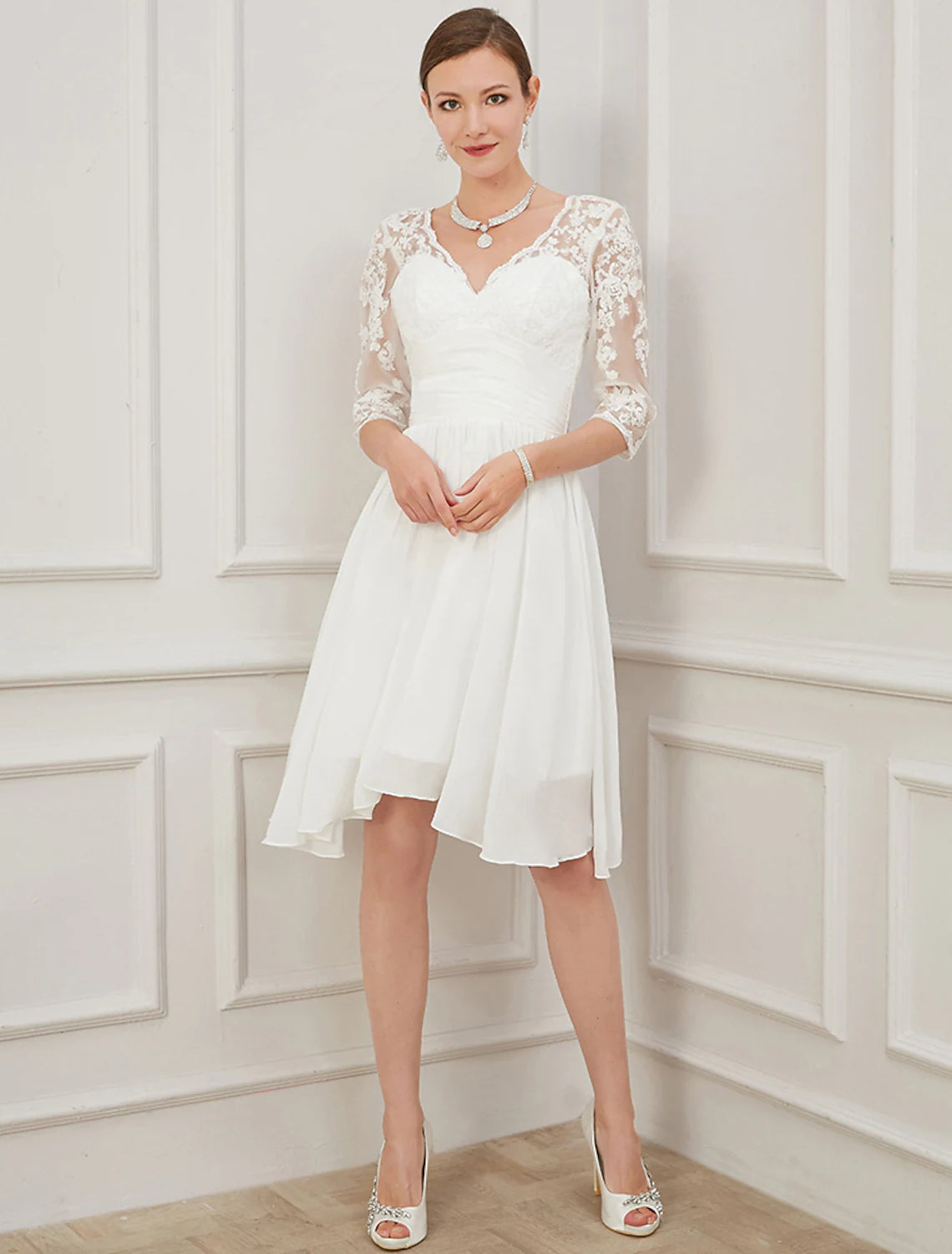 Bridal Little White Dresses Wedding Dresses Knee Length A-Line Half Sleeve V Neck Chiffon Draping Appliques