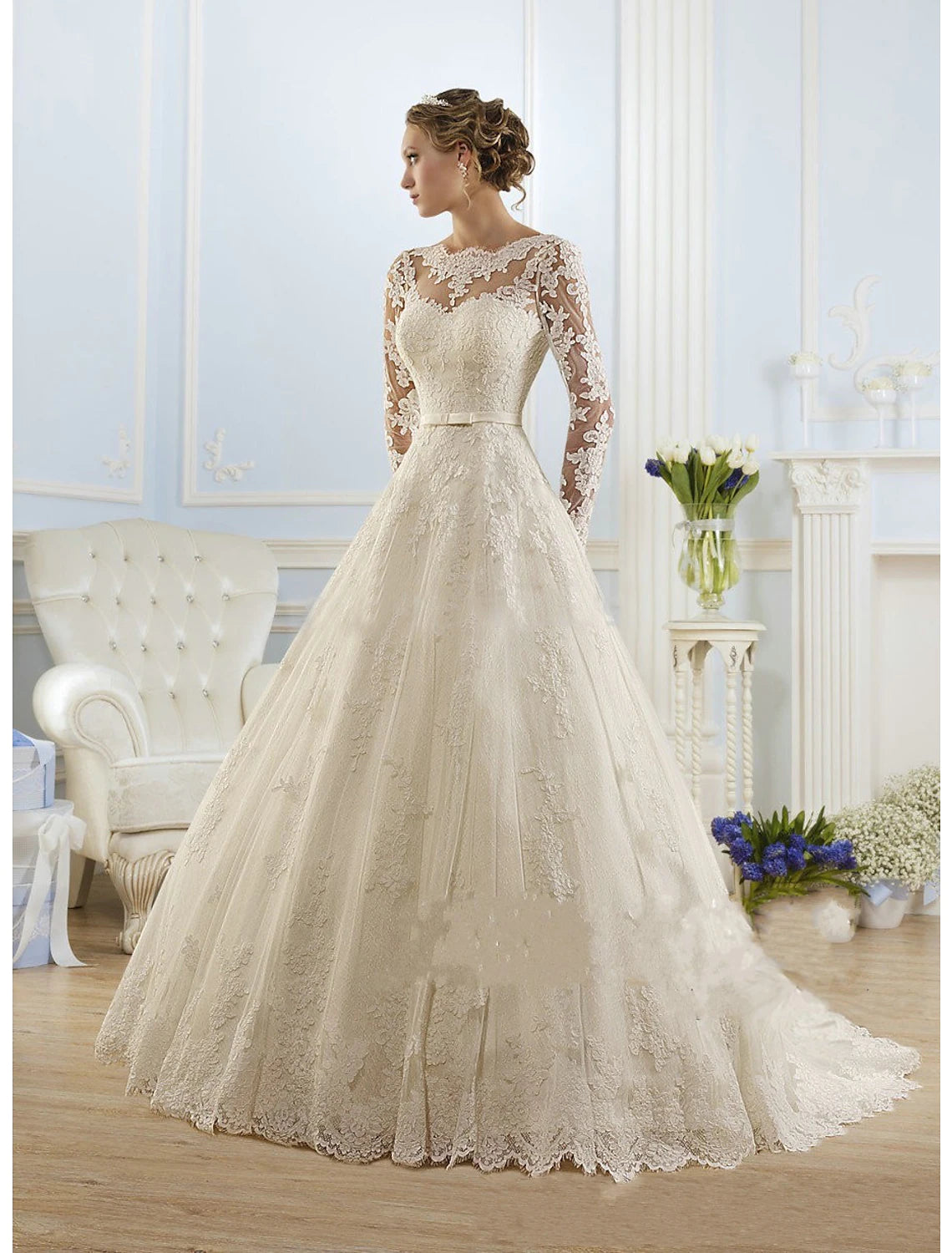 Engagement Formal Wedding Dresses A-Line Long Sleeve with Lace