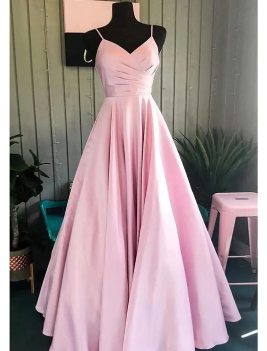 A-Line Prom Dresses Formal Floor Length Sleeveless V Neck Stretch Satin Backless Pleats
