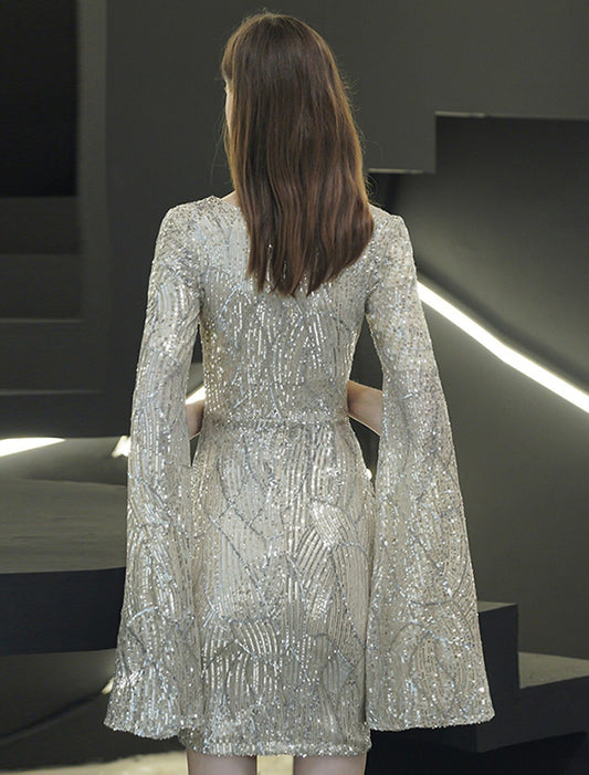 Sparkle Elegant Homecoming Cocktail Party Dress V Neck Long Sleeve Short Mini Sequined with Sequin Slit