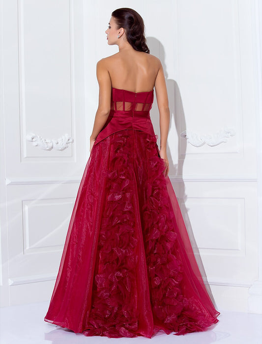 Celebrity Style Dress Holiday Floor Length Sleeveless Strapless Satin with Sash Flower