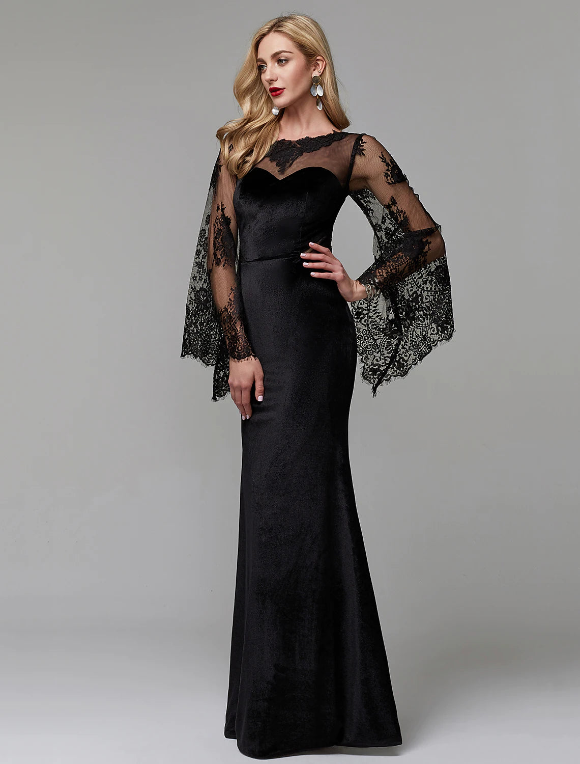Elegant Dress Wedding Guest Floor Length Long Sleeve Lace