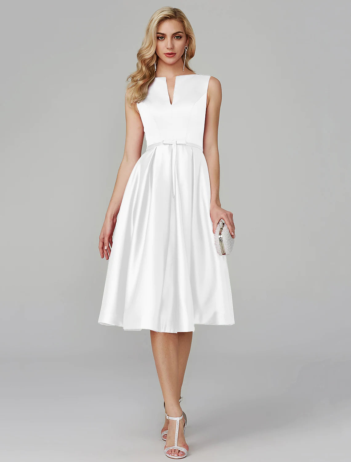 A-Line Party Dress Wedding Knee Length Sleeveless V Satin with Sash Ribbon