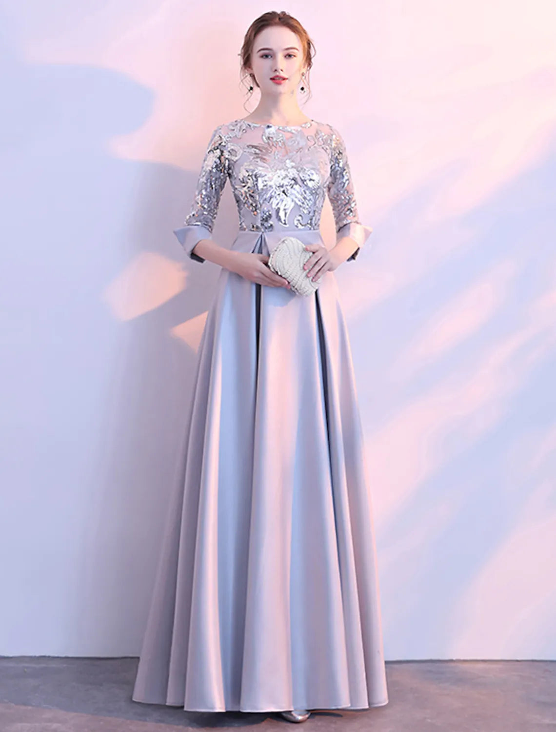 A-Line Glittering Elegant Prom Formal Evening Dress Satin with Sequin