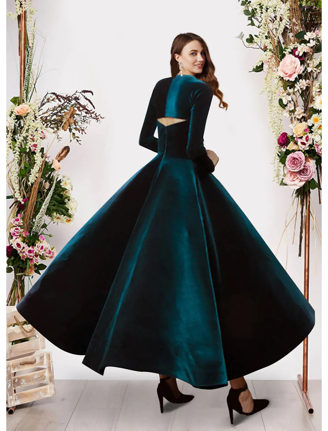 Ball Gown Evening Gown Vintage Dress Prom Ankle Length Long Sleeve Square Neck Velvet with