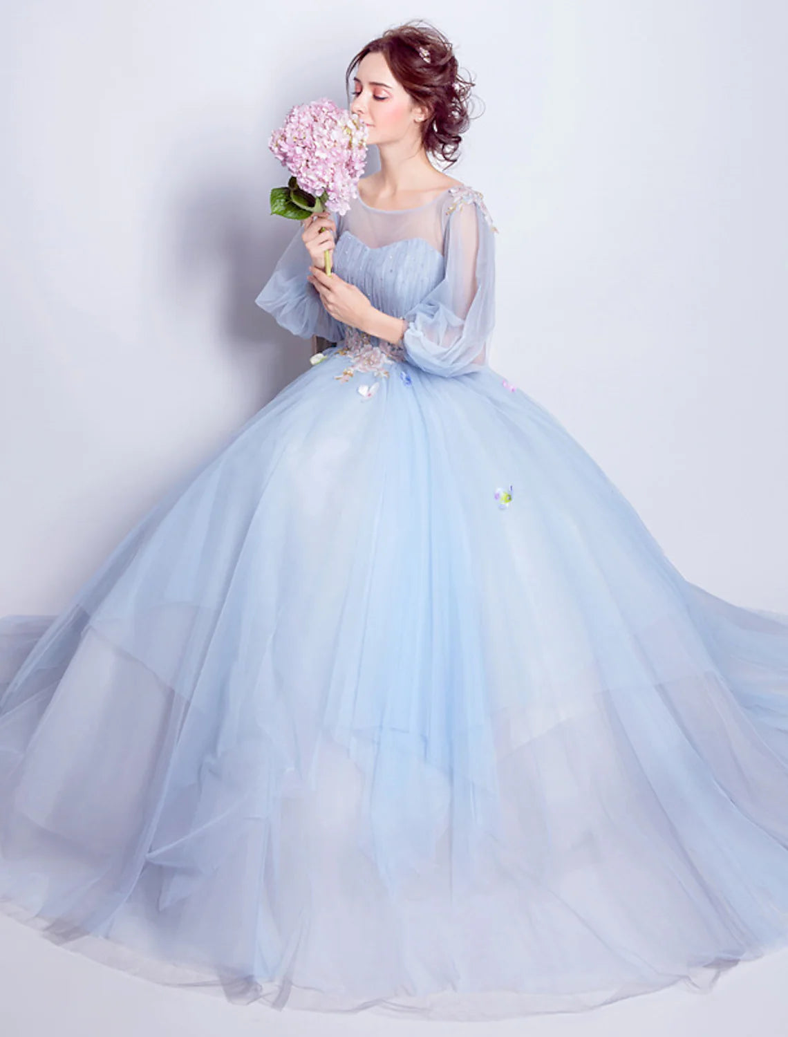 Puffy Quinceanera Engagement Dress Length Sleeve Floor Length Tulle leats
