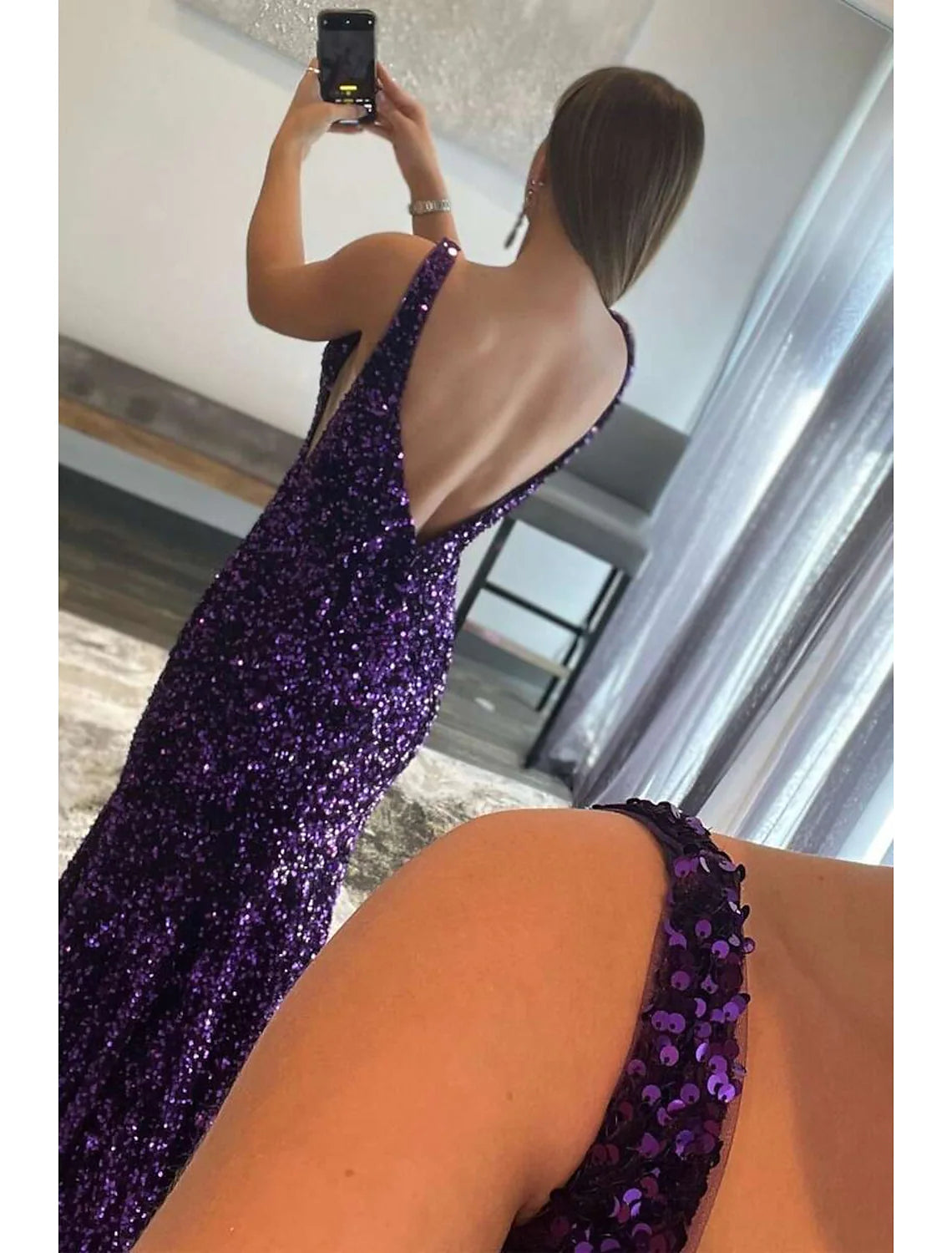 Prom Dresses Dress Formal Sleeveless V Neck Sequined Backless with Sequin