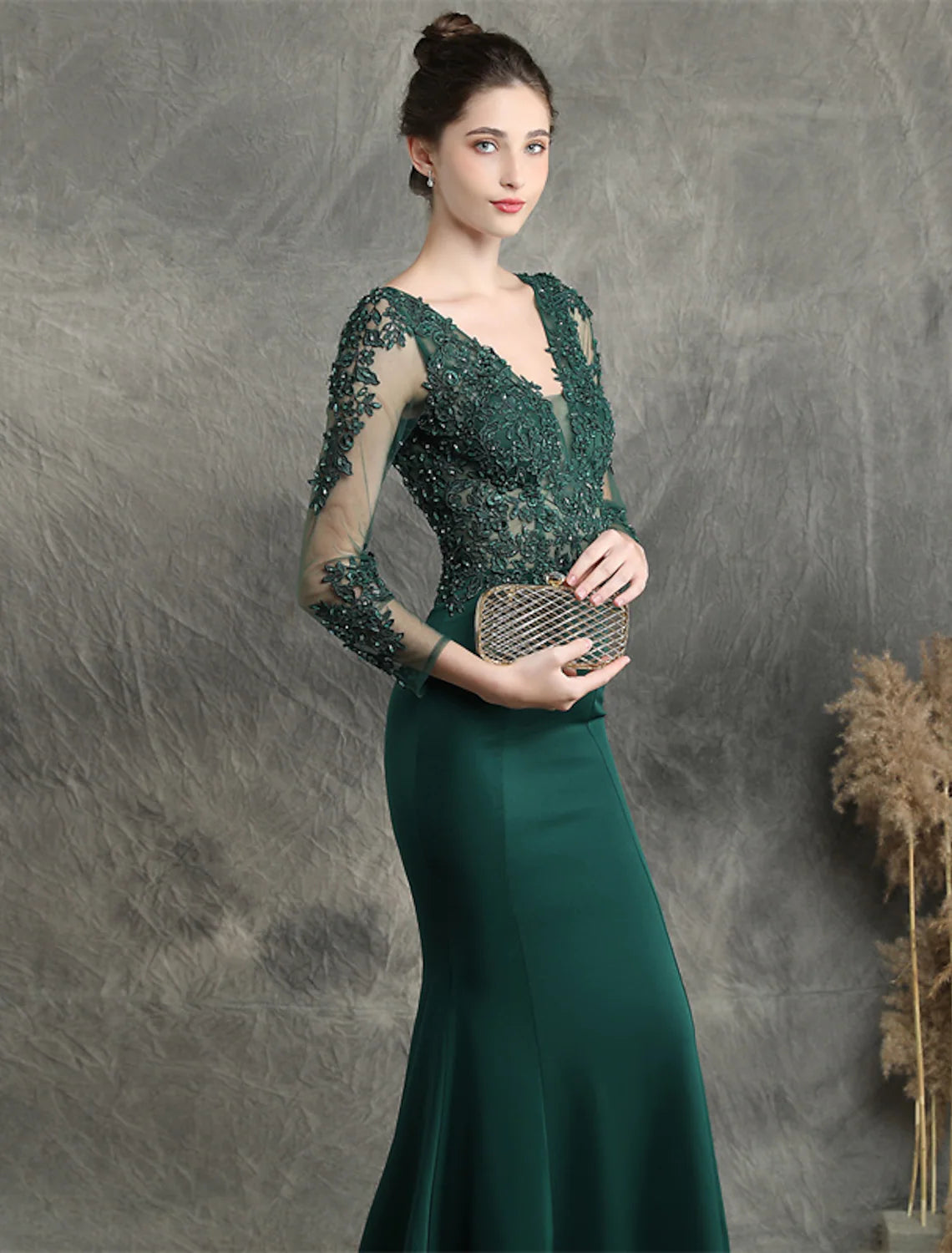 Prom Dresses Elegant Dress Long Sleeve V Neck Cotton Blend with Beading Appliques