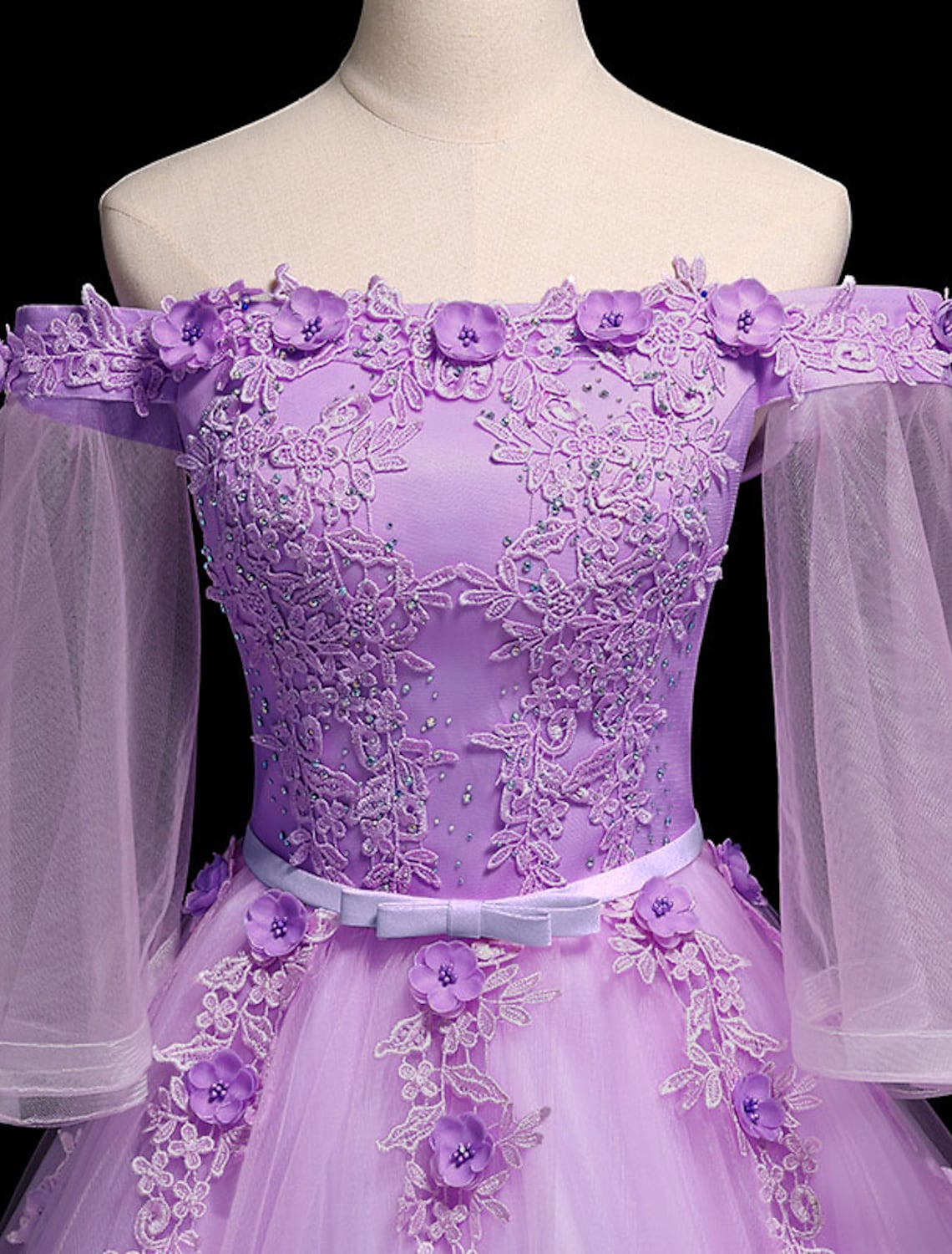 Luxurious Floral Quinceanera Prom Birthday Dress Off Shoulder Length Sleeve Floor Length Tulle Embroidery