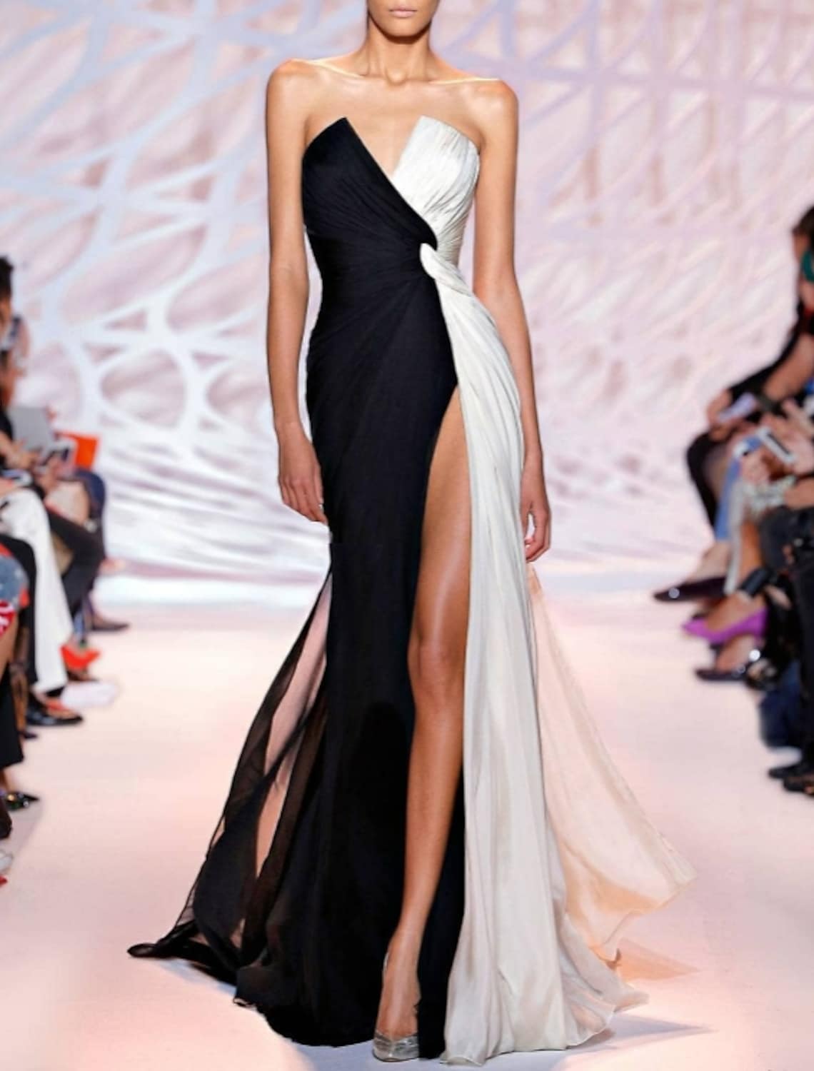 Party Wear Formal Evening Dress Strapless Sleeveless Polyester with Slit