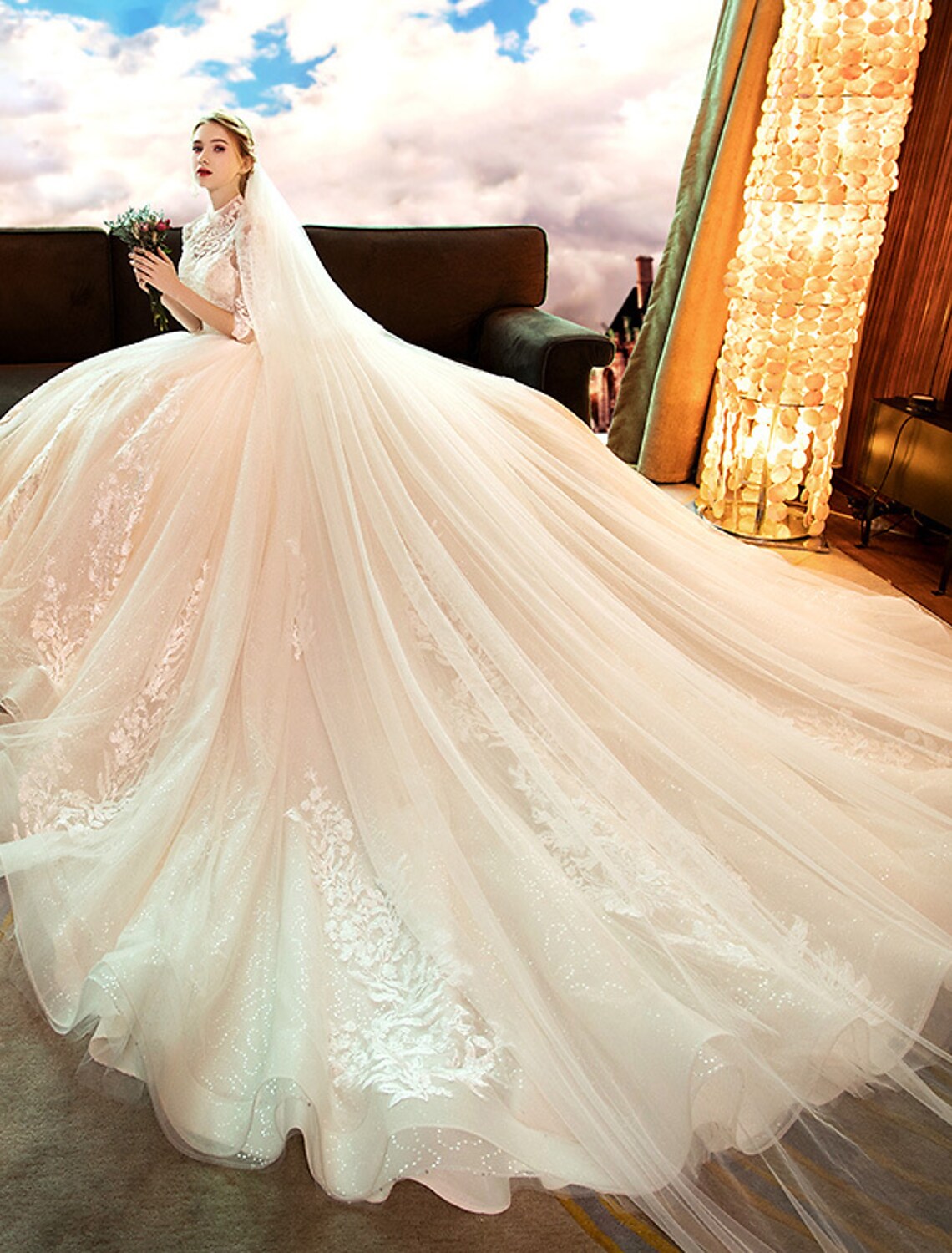 Engagement Open Back Formal Wedding Dresses  Princess Long Sleeve High Neck Lace With Sequin Appliques