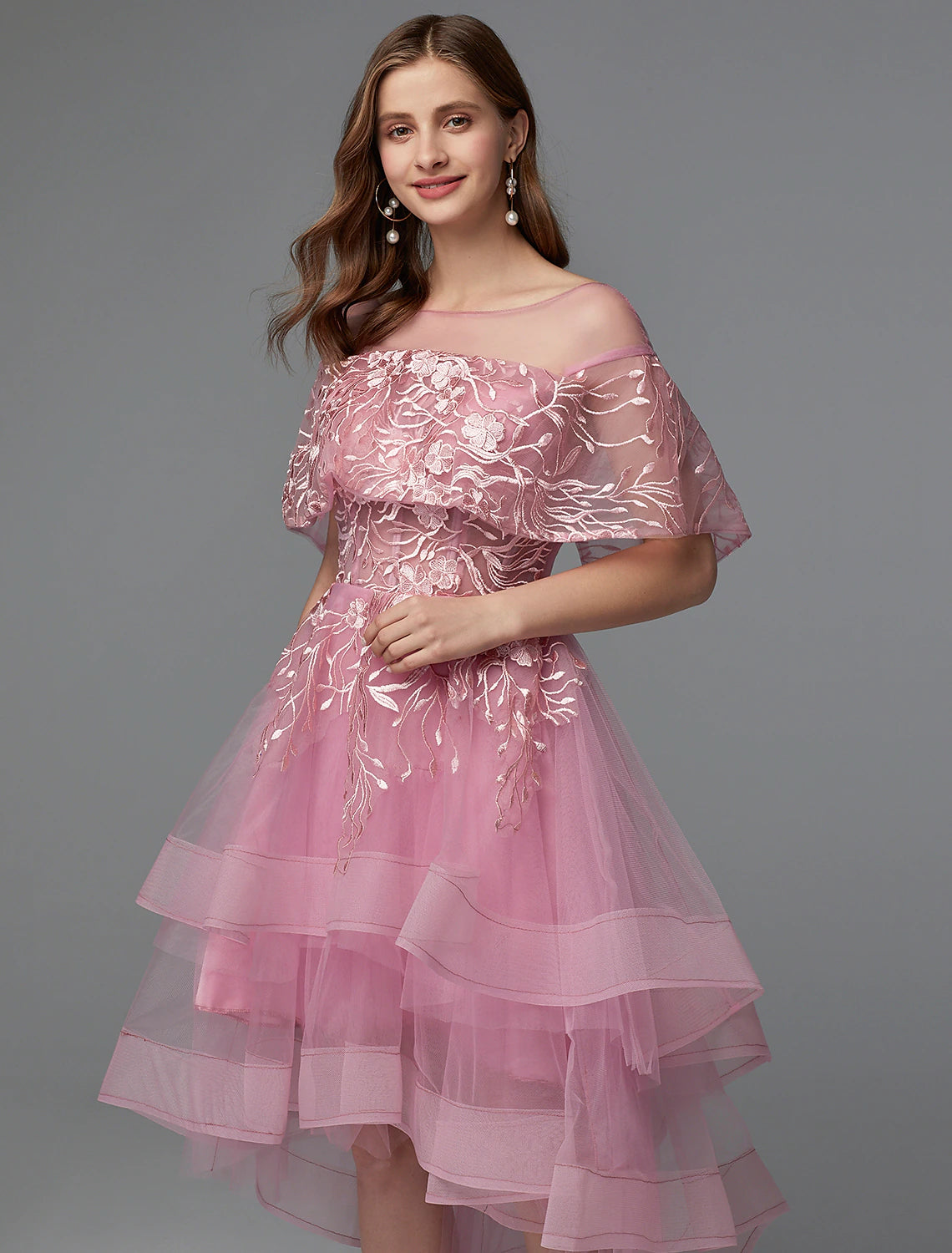 A-Line Elegant Dress Asymmetrical Sleeveless Neck Lace Tie Back with Lace