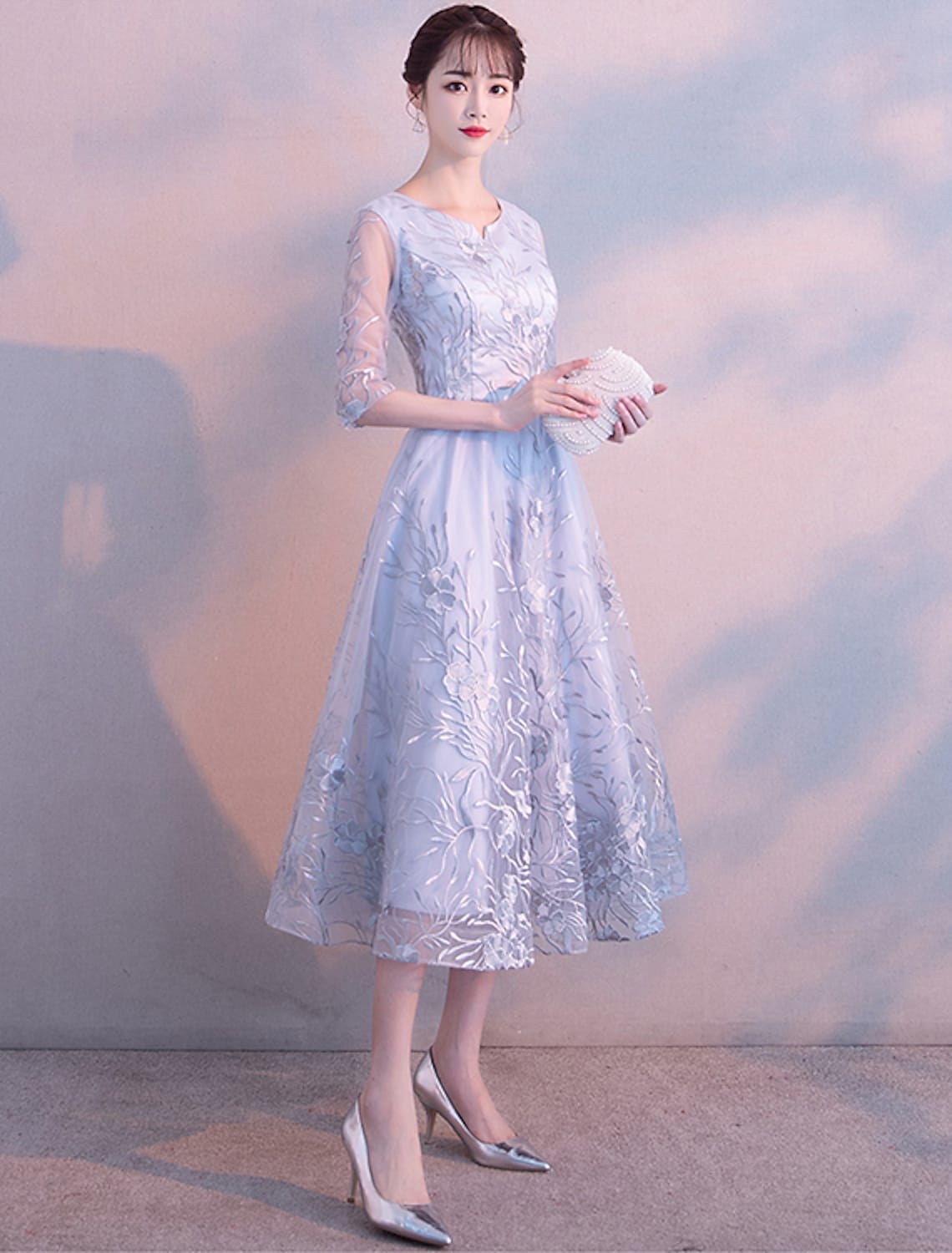 A-Line Elegant Cocktail Party Prom Dress Jewel Neck Length Sleeve Tea Length Lace with Insert Print Appliques