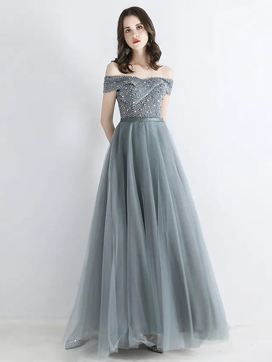 Prom Dresses Engagement Floor Length Short Sleeve off Shoulder Tulle Sash Ribbon Beading