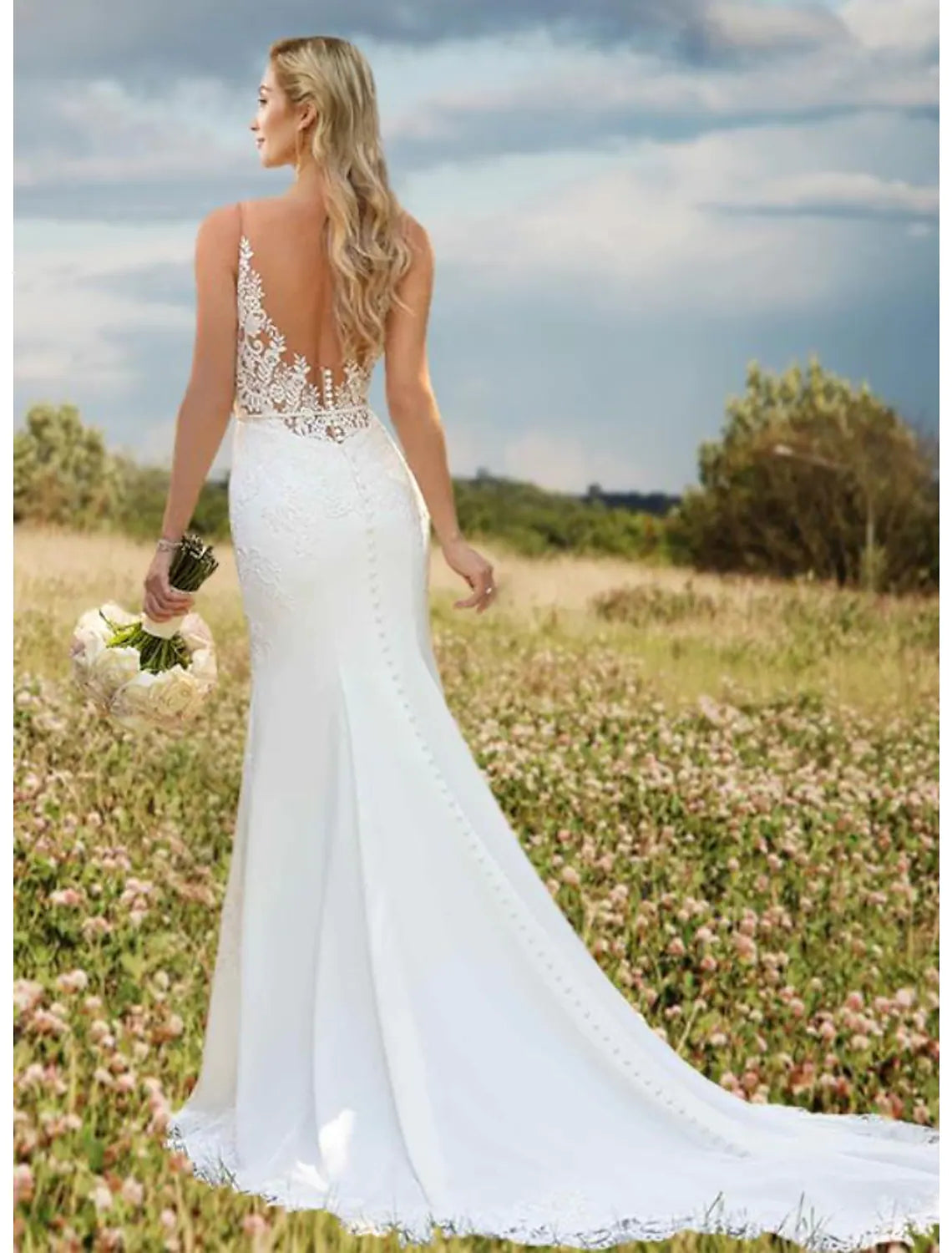 Engagement Open Back Sexy Wedding Dresses V Neck Lace Appliques