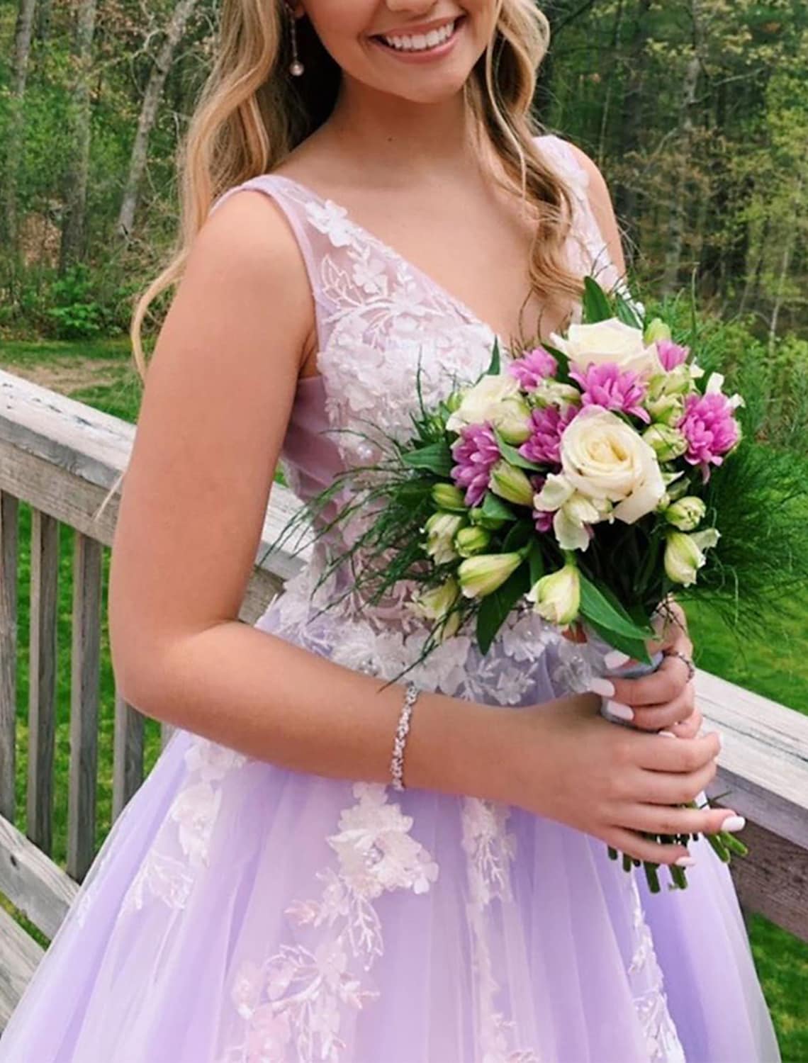 Ball Gown A-Line Prom Dresses Color Block Dress Formal Floor Length Sleeveless V Neck Tulle BacklessBack